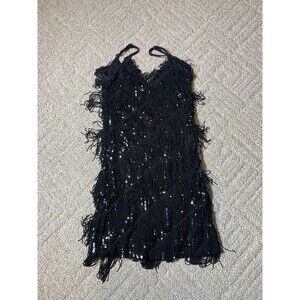 West Blvd Women Black Fringe Flapper Gatsby Cocktail  Dance Costume Dress S/M